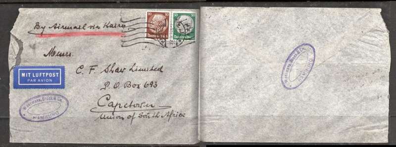 Germany, WOERMAN, BROCK & Co., air mail, 60pf (50pf & 10pf Hindenburg), HAMBURG 27.3.35 > S. Africa