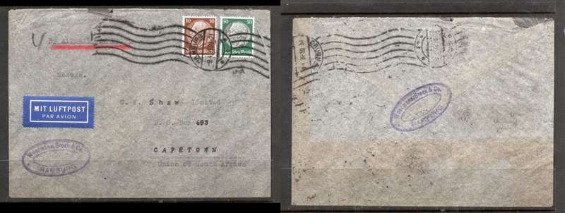 Germany, WOERMAN, BROCK & Co., air mail, 60pf (50pf & 10pf Hindenburg), HAMBURG 9.4.35 > S. Africa