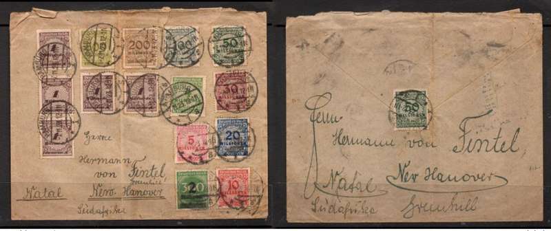 Germany, inflation, cover 16 stamps, 5,971.000,000 Mk, HAMBURG 7.11.23, > New Hanover, S. Africa