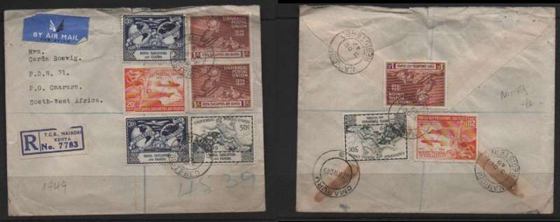 Kenya Uganda Tanganyika , cover 5s50c registered air mail NAIROBI3 DE 49 >OMARURU (SW Africa)