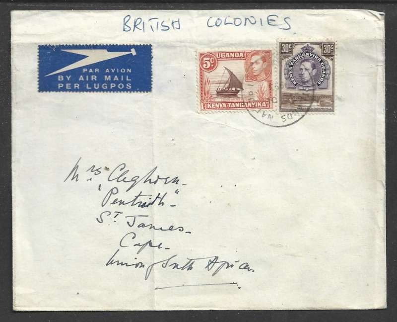 Kenya Uganda Tanganyika , 5 cents, perf 13 x 12.5, on air cover, 35cts , WESTLANDS NAIROBI 10 DE 19
