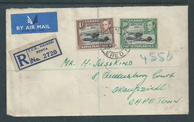Kenya Uganda Tanganyika Royal Visit set, registered airmail NAIROBI REGISTERED 12 FE 52 > S.Africa
