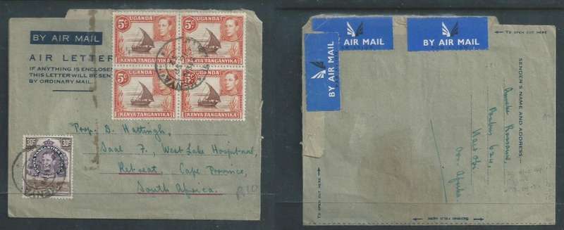 Kenya Uganda Tanganyika air letter, 50c NAIROBI 16 SP 52 > S.Africa