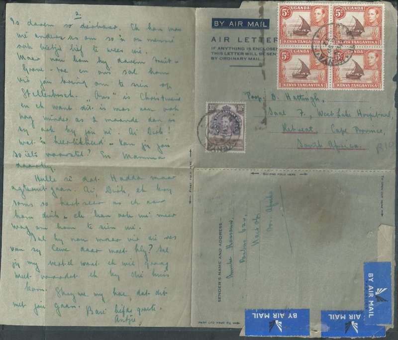 Kenya Uganda Tanganyika air letter, 50c NAIROBI 16 SP 52 > S.Africa