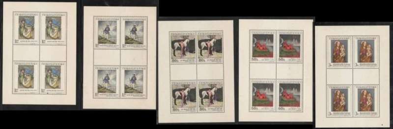 Czechoslovakia, 1968 National Gallery paintings, 5 x sheetlets of 4, MNH **