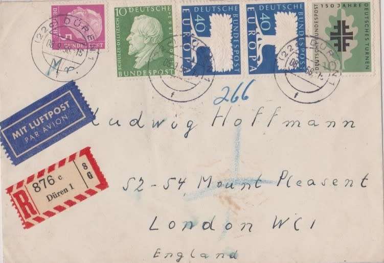 Germany Federal Republic 1Mk5Pf, registered air mail > UK DUREN 08.9.58
