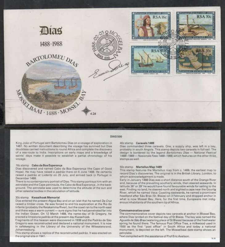 South Africa DIAS 1488 -1988, FDC, signed, MOSSEL BAAI 1988-02-03 special c.d.s.