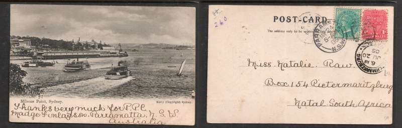 Australia, Milsons Point, Sydney, used 1 1/2d PARRAMATEA N.S.W. MY 24 05 > PIETERMARITZBURG (S.Afri