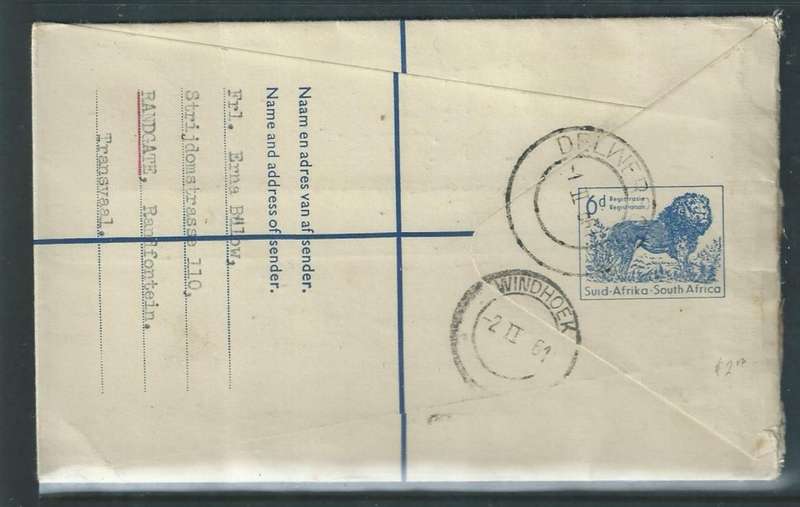 S.Africa, air mail, 6d Registered envelope, 4d adhesive, DELWERSOORD 1 II 61 > c.d.s > WINDHOEK 2 II