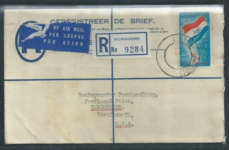 S.Africa, air mail, 6d Registered envelope, 4d adhesive, DELWERSOORD 1 II 61 > c.d.s > WINDHOEK 2 II
