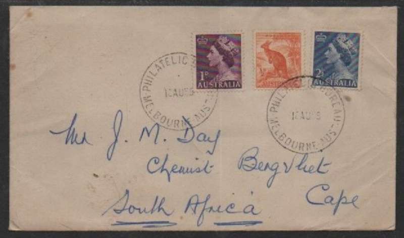Australia, unsealed envelope, 4d, PHILATELIC BUREAU MELBOURNE 15 AU 56 > S.Africa