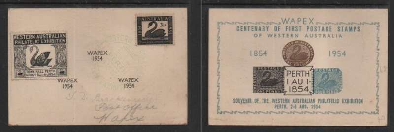 Australia, souvenir card for WAPEX 1954, 3 1/2d, stamp LARGE special c.d.s. PERTH 4 AU 1954