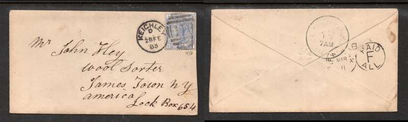 Great Britain, VRI, 2 1/2d blue, Plate 22, cover, KEIGHLEY 28 FE 83 dup > JAMESTOWN (USA) NEWWARK P