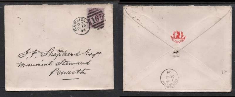 Great Britain, Scotland, VRI, cover, 1d lilac, CARLISLE 165, OC 15 94, duplex > PENRITH