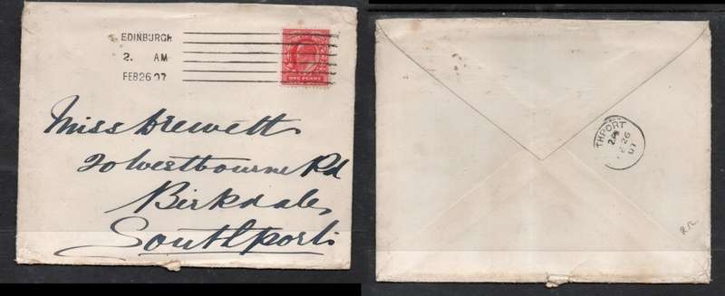 Great Britain, EVIIR, cover 1d. EDINBURGH FEB 26. 07 > SOUTHPORT