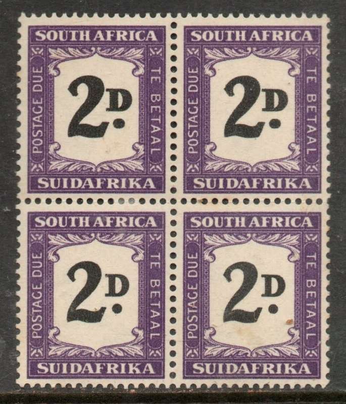 South Africa, 1949, 2d Postage Due, block of 4, top pair `thick 2D` MH * (one hinge mark on centre