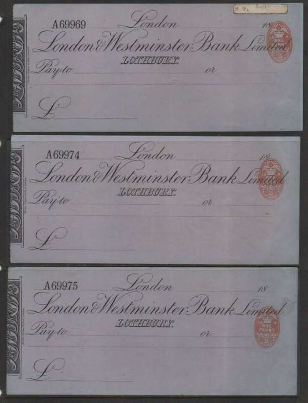 Great Britain, July 1881, 1d embossed on cheques, LONDON WESTMENSTER BANK LTD., LOTHBURY