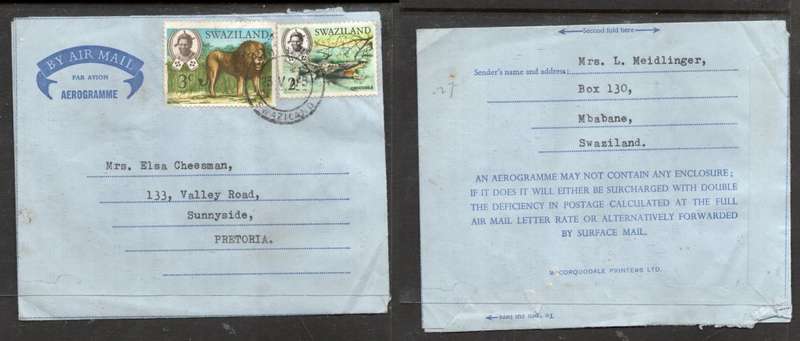 Swaziland, Aerogramme, franked 5c, MBABANE 23 V 75 > S.Africa