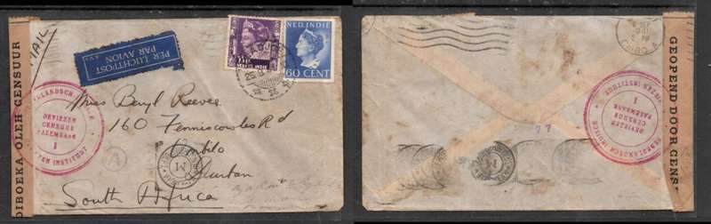 Netherlands Indies, air mail 95c LADJOE 25.8.41 cds > S.Africa, NED. INDIE label, censor, Egypt cen