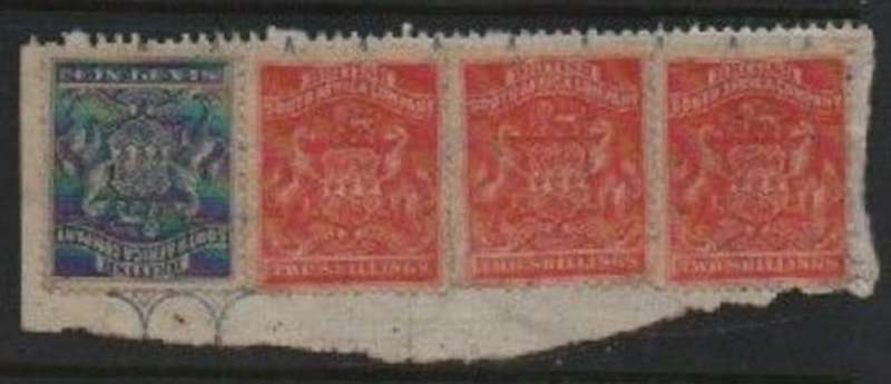 Rhodesia / B.S.A.Co., 1892, 6d, 2/ (strip of 3) revenue used on  fragment