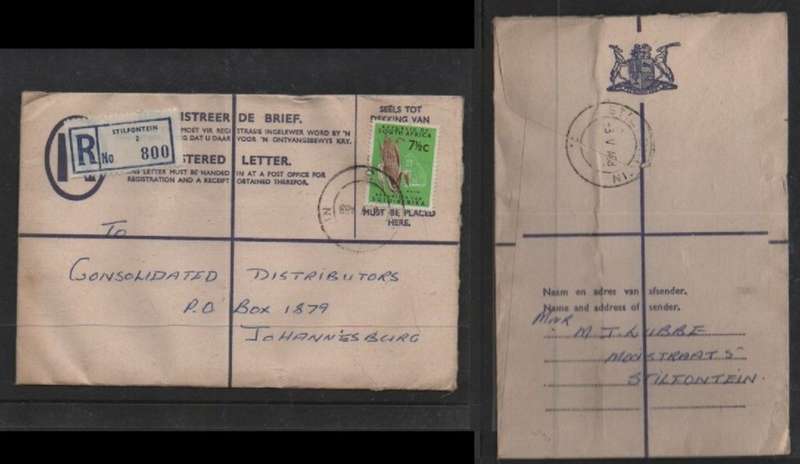 S.Africa, registered 7 1/2c STILFONTEIN 3 V 68 > Johannesburg
