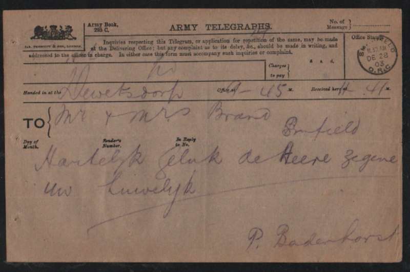 S Africa , 1903 Army Telegraphs > Mr & Mrs Brand, SMITHFIELD O.R.C. DEC 28 03,