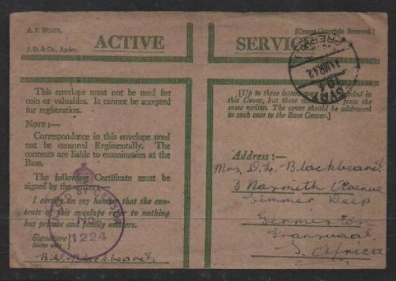 S Africa OAS, EGYPT 104 POSTAGE PREPAID 14 MR 42> S.Africa. Crowned Circle CENSOR 1224