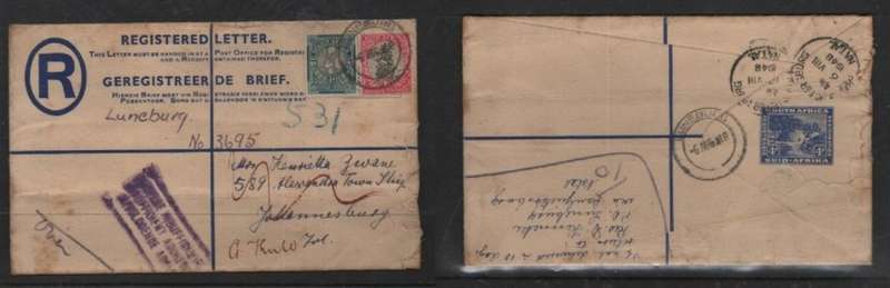 South Africa returned 4d registered letter, + 1 1/2d postage, LUNEBURG 6 AUG 48> JOHANNESBURG, PIETE