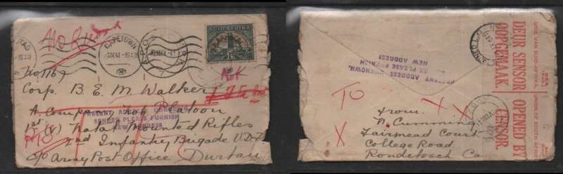 South Africa 1941 cover to a serviceman in Durban, later in East Africa, redirected & returned