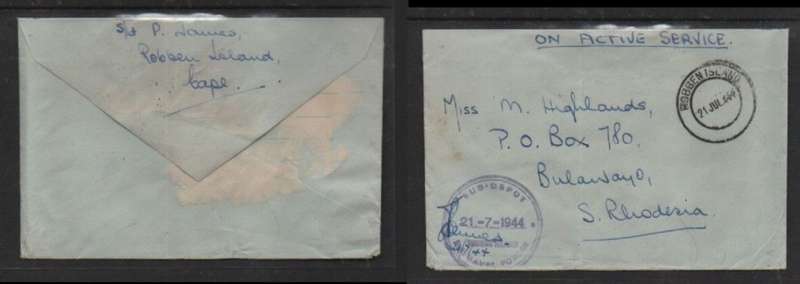 South Africa WWII OAS cover, SUB DEPOT S.A. NAVAL FORCES ROBBEN ISLAND 8.1.1945 > Bulawayo.