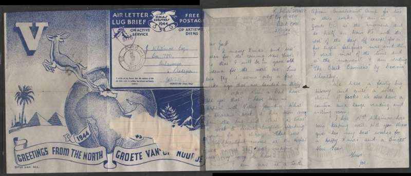 South Africa WWII Air Letter Free Postage, Greetings from the North A.P.O.-U -M.P.K 28 NOV 44 > S.Rh