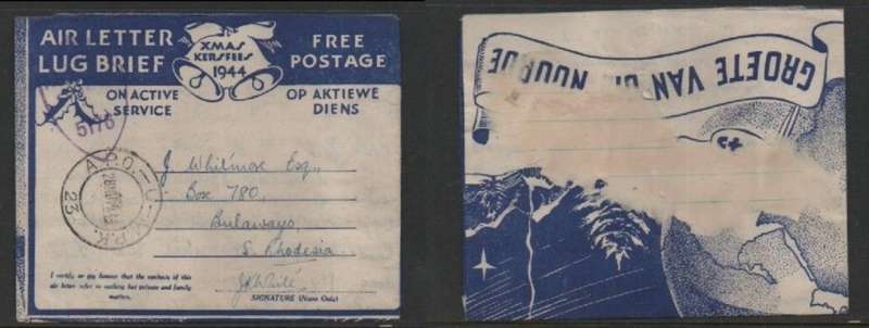 South Africa WWII Air Letter Free Postage, Greetings from the North A.P.O.-U -M.P.K 28 NOV 44 > S.Rh