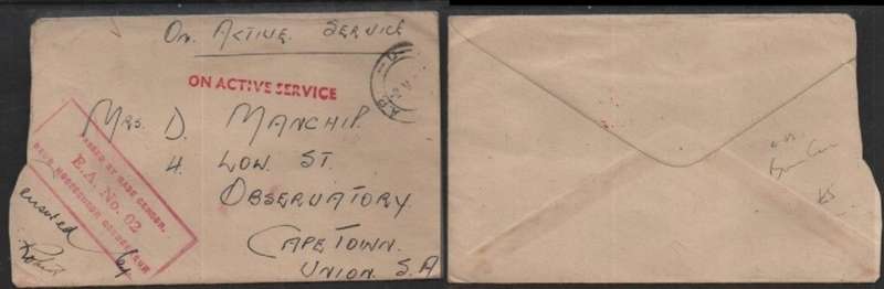 South Africa WWII On Active Service A.P.O c.d.s. PASSED BY BASE CENSOR E.A. 02