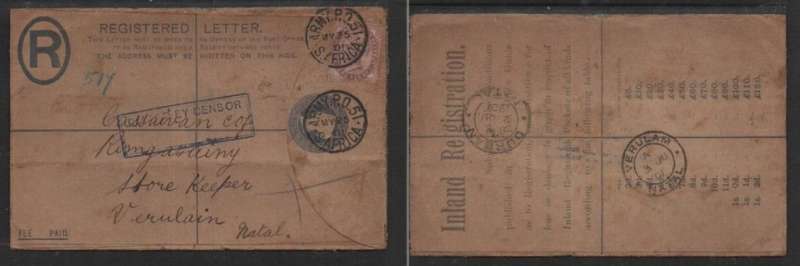 South Africa GB registered envelope 2d + GB 1d, used ARMY P.O.51 S. AFRICA MY 25 01 > VERULAM, DURB