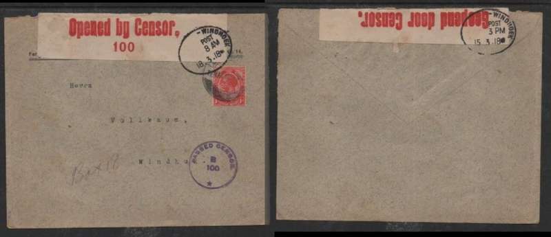 South West Africa 1d of S. Africa, LUDERITZ 12 MAR 18 > WINDHUK, PASSED BY CENSOR B100