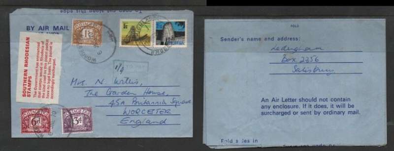 Rhodesia air letter 7 1/2c HIGHLAND 1 JU 70 cds > UK, TO PAY 1/9, taxe stamps WORCESTER 6 JU