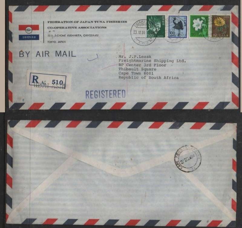 Japan, Registered Air Mail > S,Africa, 4 colour franking, 630, IIDALASHI TOKYO 23 III 84 , CAPETOWN