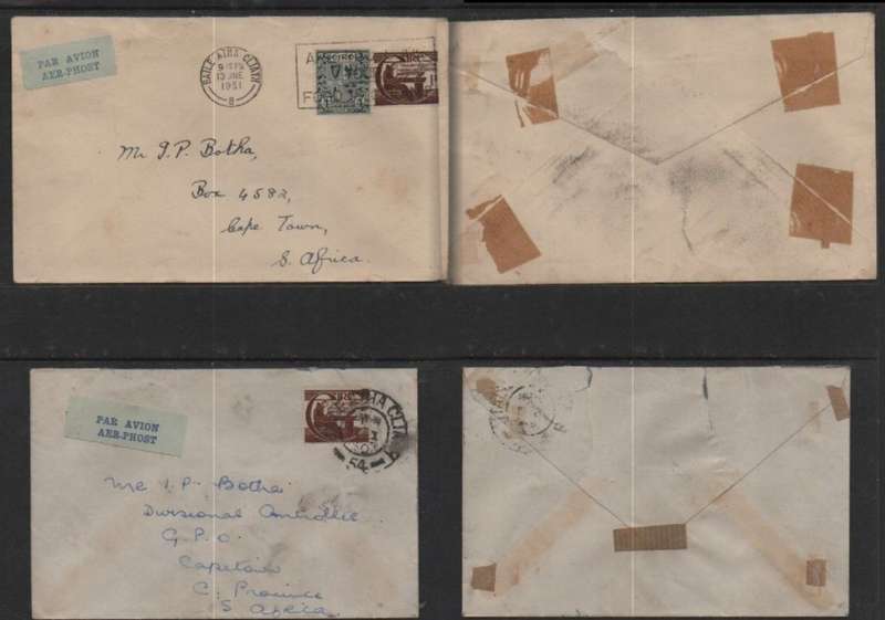 Ireland, covers> S.Africa, 1s4d, 1/, BAILE ATHA CLAITH 13 JN 51 51 c.d.s. + slogan, 3.I .50 cds