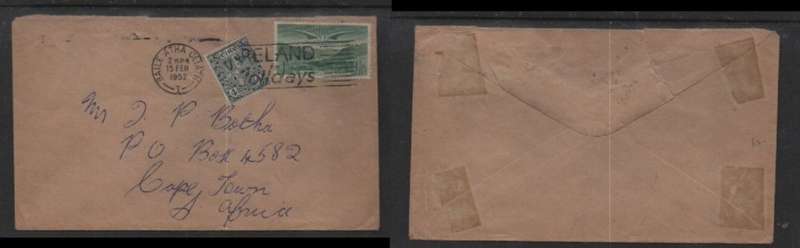 Ireland, cover > S.Africa, 1s4d, BAILE ATHA CLAITH 15 FEB 52 c.d.s. + slogan IRELAND FOR HOLIDAYS