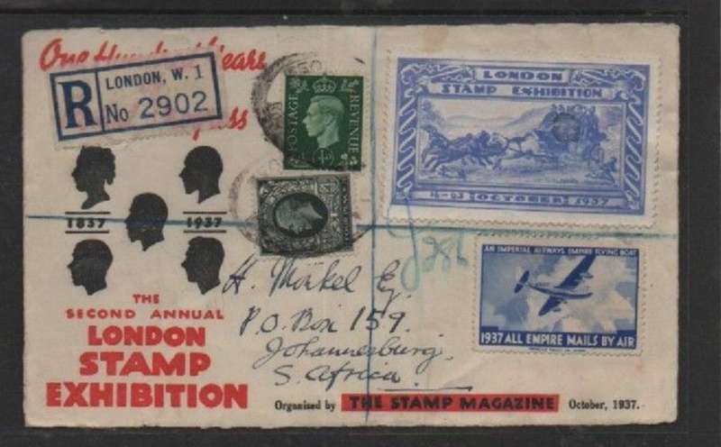 London Stamp Exhibition, cover FRONT 4 1/2d registered > S.Africa, LONDON 16 OCT 1937