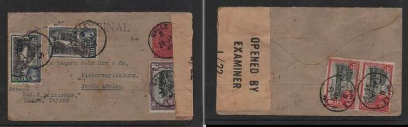 Ceylon, GVIR, 6c envelope & 94c adhesives, air mail, GALLE 20 JA 45 c.d.s.> S.Africa, EXAMINER 1/22