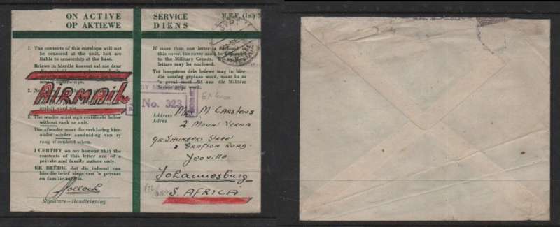 S.Africa, WWII, OAS cover EGYPT 11 20 SE 41 c.d.s > S.Africa, East Africa Censor No 323