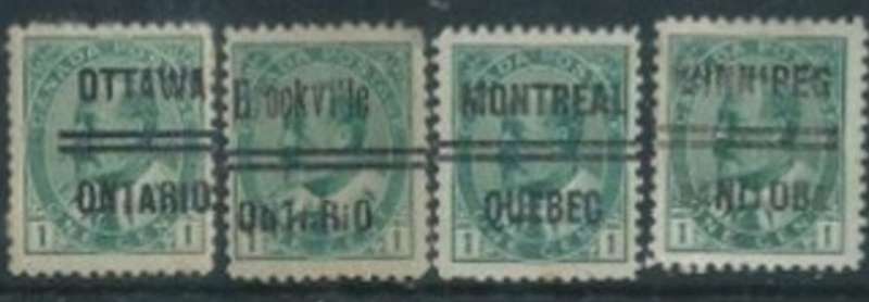 Canada, EVIIR, 1903, 1 cent green, Pre-cancel Ottawa, Brookville, Montreal, Winnipeg