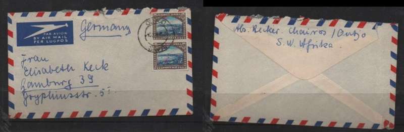 South West Africa, air mail 1/(6d pair) OUTJO 10 XII 53 c.d.s. > Germany