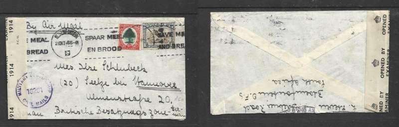 S Africa WWII air mail, 1s6d, BLOEMFONTEIN 26 OKT 46 + SAVE MEAL & BREAD > British Zone Germany, EXA