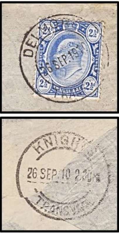 Transvaal, EVIIR, 2 1/2 cover, DELMORE TRANSVAAL 26 SEP 1910 > Germany, KNIGHTS TRANSVAAL 26 SEP 10,