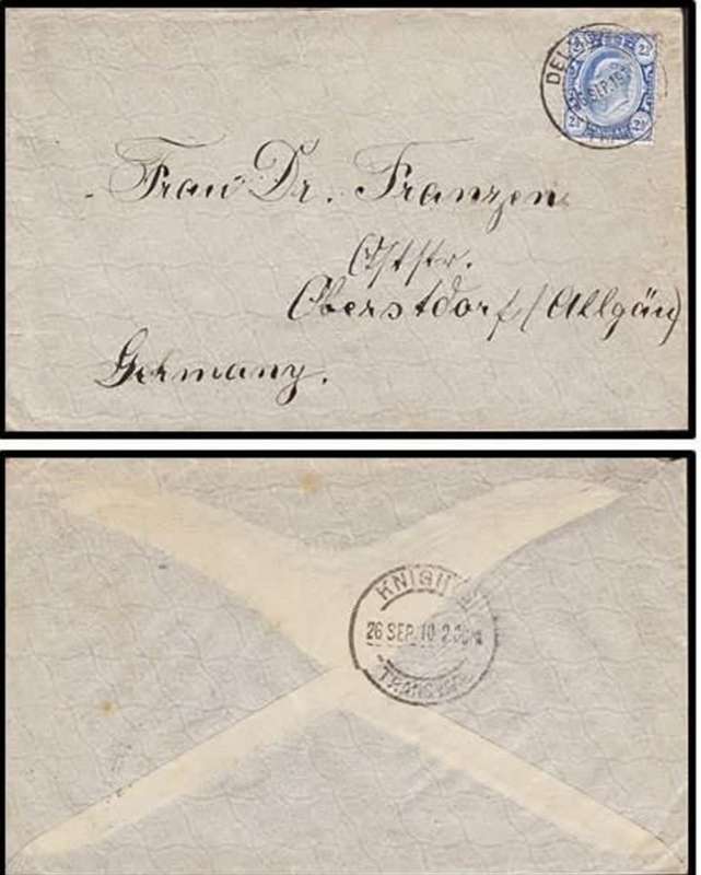 Transvaal, EVIIR, 2 1/2 cover, DELMORE TRANSVAAL 26 SEP 1910 > Germany, KNIGHTS TRANSVAAL 26 SEP 10,