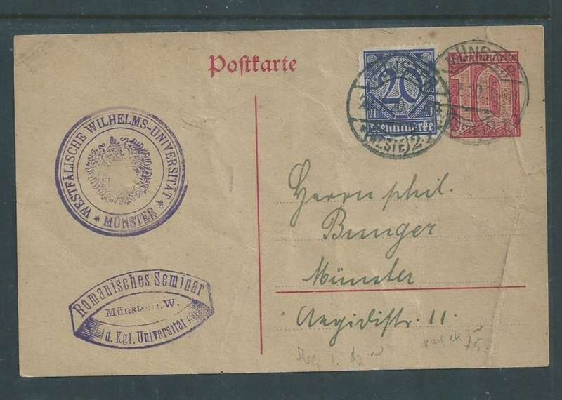 Germany, postal stationery card, 10pf, uprated to 30pf, MUNSTER 27.9.20 c.d.s., University & seminar