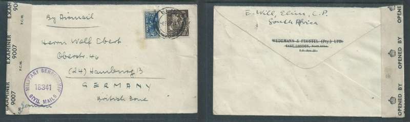 South Africa air mail, 1s9d ELIM 6 FE 47 > Germany British Zone, MILITARY CENSORSHIP CIVIL MAILS + l