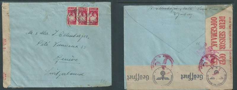 South Africa cover, 3d, ???? > Switzerland , Censor labes plus hand stamps for S/Africa and Germany